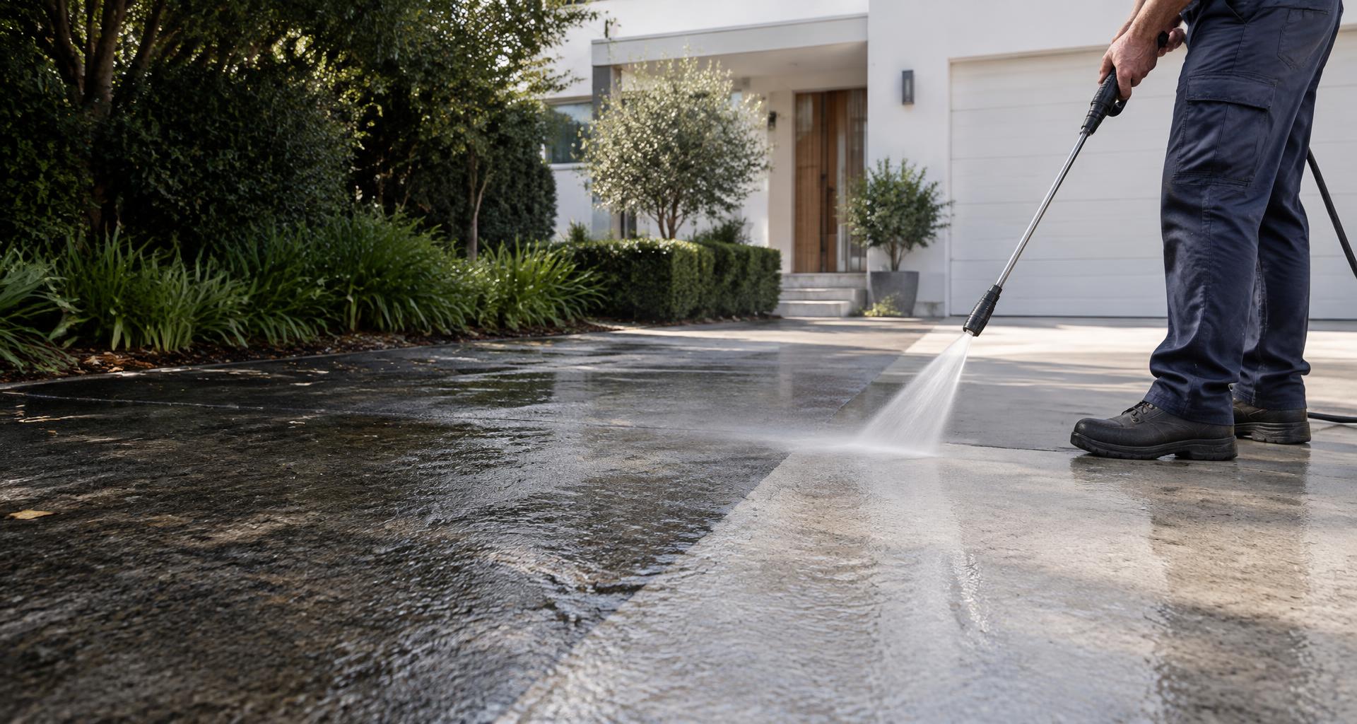 Illustrative photograph of pressure washing transforming a Melbourne residential concrete driveway